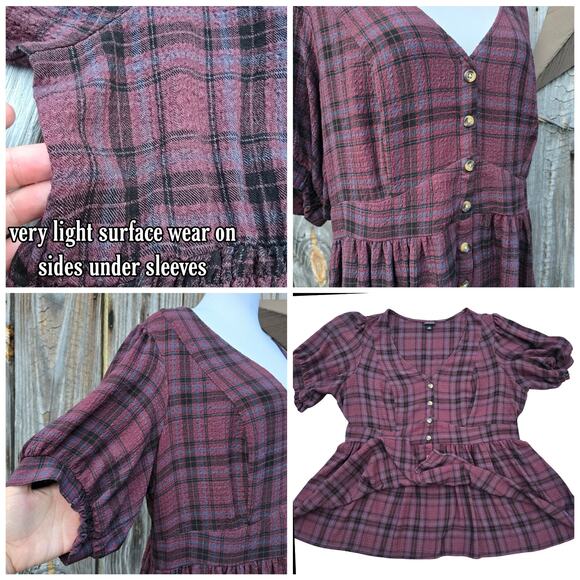 Plaid Babydoll Top Torrid Plus Size 2X Smocked Puff Sleeve Button Stretch Gauze - Picture 5 of 9